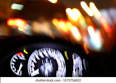 Crash Drive Accident Of On Night Road, Image Blur Light Of Car Rotate Motion Background