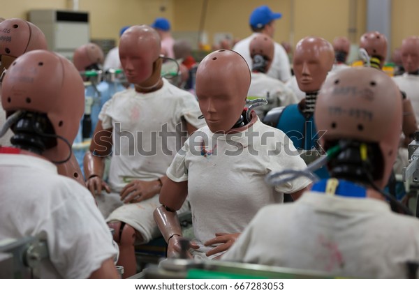 Crash Test Dummies in the Laboratory of a Car\
Manufacturer in Japan.