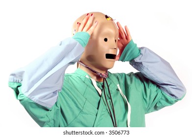 crash test dummy head on a medical worker in shock and frustration of fear - Shutterstock ID 3506773