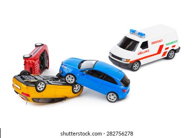 Crash Toy Cars And Ambulance Car Isolated On White Background