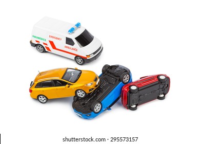 Crash Toy Cars And Ambulance Car Isolated On White Background