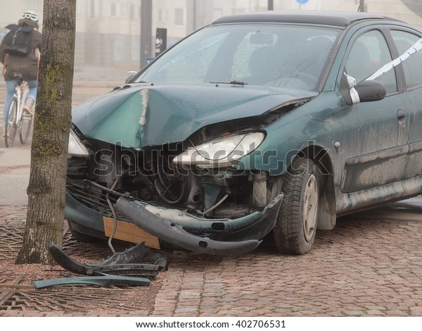 Crashed car in Helsinki,\
Finland