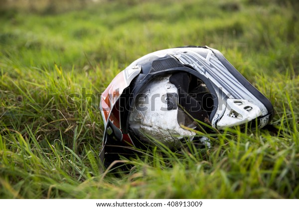 Crashed Motorcycle Helmet Lying On Side Stock Photo (Edit Now) 408913009