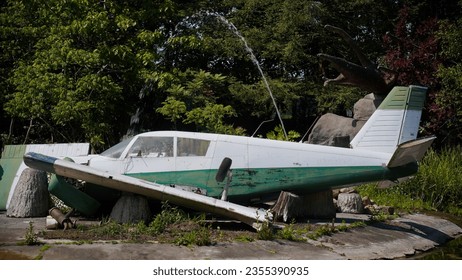 crashed single-engine aircraft. Crashed plane with dismembered passengers