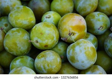 Crate Of Green Gage Plums (reine Claude) At A Farmers Market