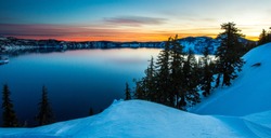 Crater Lake Just Before Sunrise, Crater Lake National Park In Winter, Oregon.,