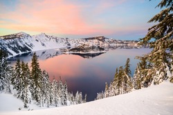 Crater Lake, Oregon At Sunset In Winter