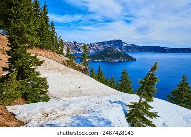 Crater Lake with Snow and Evergreen Trees Aerial Perspective - Powered by Shutterstock