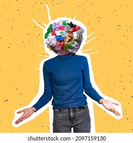 Crative collage of woman with trash head spreading hands symbolizing environmental problem isolated over yellow background. Concept of environment, recycling, preservation, nature. Copy space for ad