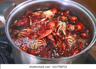 Crawfish Cooking Boiling In Pot With Spices