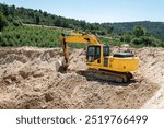 Crawler excavator in earthmoving for construction of lake for agricultural water reservoir