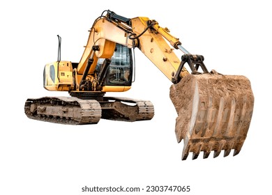 Crawler excavator with extended boom and big bucket isolated on white background. Powerful excavator with an extended bucket close-up. element for design. Rental of construction equipment