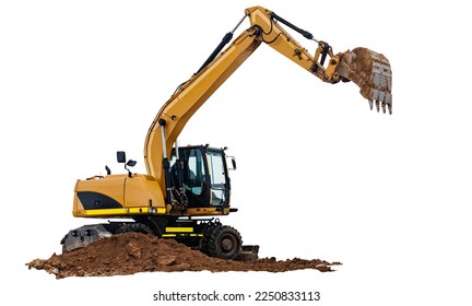 Crawler excavator isolated on white background. Powerful excavator with an extended bucket close-up. Construction equipment for earthworks. element for design - Shutterstock ID 2250833113