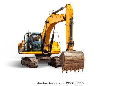 Crawler excavator isolated on white background. Powerful excavator with an extended bucket close-up. Construction equipment for earthworks. element for design