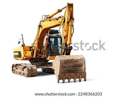 Crawler excavator isolated on white background. Powerful excavator with an extended bucket close-up. Construction equipment for earthworks. element for design