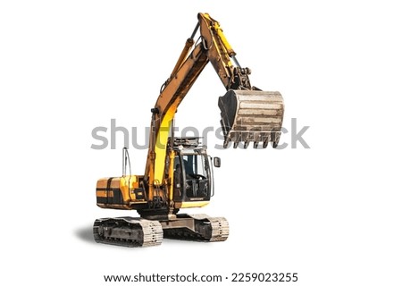 Crawler excavator isolated on white background. Quarry excavator with bucket raised close-up. Modern building equipment for earthworks. element for design