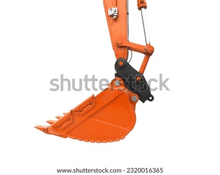 Crawler excavator with lift up bucket isolated on white background. Powerful excavator with an extended bucket close-up. Construction equipment for earthworks