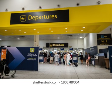 Crawley, Sussex, UK- 08.05.2020 : Air Passengers Departing The UK At The Departures Gateway In Gatwick Airport North Terminal.