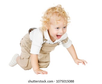 Crawling Child, One Year Old Kid Crawl On All Fours, Laughing Baby Isolated Over White Background