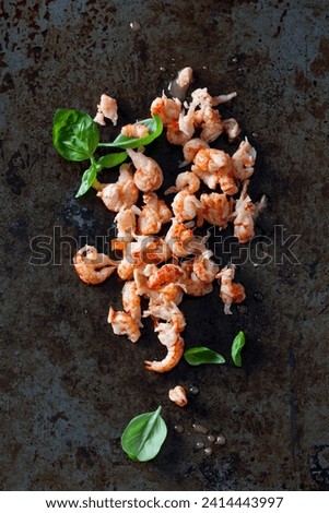 Crayfish and basil stock photo