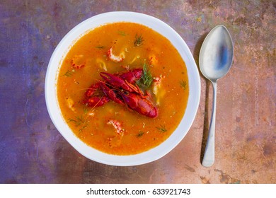 Crayfish Soup On A Vintage Background.