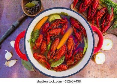 Crayfish Soup In A Pot On A Vintage Background.