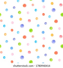 Crayon dots seamless pattern. Hand drawn artistic circle repeatable background with pastels. Cute Colorful stylish illustration for backgrounds, textiles, tapestries.