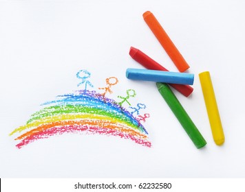 Crayons And Kids Drawing On White Background