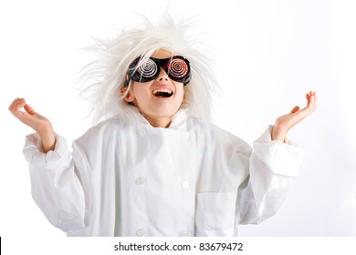 A Crazed Mad Child Scientist With A Happy Expression Weird Glasses And A Wild White Hair Style.