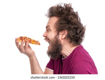 Crazy Bearded Man With Funny Haircut. Happy Hungry Man Eating Pizza, Isolated On White Background.