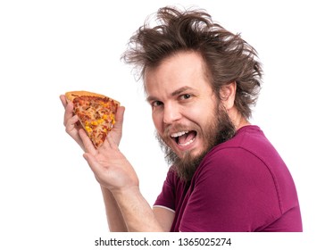 Crazy Bearded Man With Funny Haircut. Happy Hungry Man Eating Pizza And Looking At Camera, Isolated On White Background.