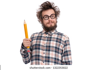 Crazy Bearded Man In Plaid Shirt With Funny Haircut In Eye Glasses Holding Big Pencil, Isolated On White Background.