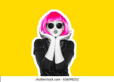 Crazy beautiful rock Girl in a acid bright pink wig and lama leather swag style red fur coat. Dangerous rocky party bored woman Ironically having fun. Flash style on white background color exclusive.