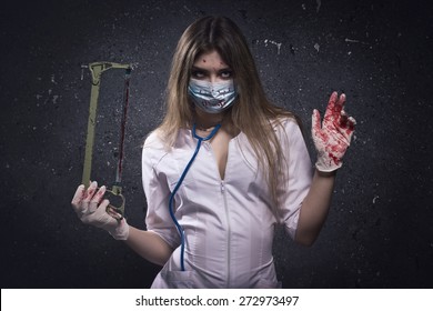 Crazy bloody nurse in a dark room