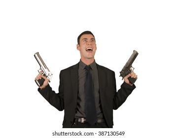 Crazy Businessman In Suit Holding Two Guns