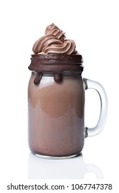 Crazy Chocolate Milk Shake Or Mocha Coffee With Whipped Cream In Glass Jar Isolated On White Background