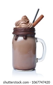 Crazy Chocolate Milk Shake With Whipped Cream And Black Straw In Glass Jar Isolated On White Background