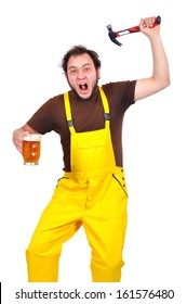 Crazy Construction Worker With Hammer And Beer