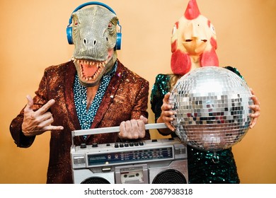 Crazy Couple Listening Music With Vintage Boombox Stereo At Party - Focus On Man Face Mask