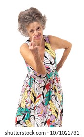 Crazy elderly showing middle finger over white background .
