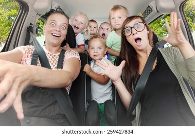 Crazy Family Taking A Selfie In The Car. Vintage Filtered Look