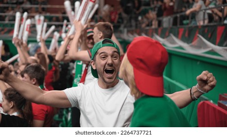 Crazy football fans. Baseball game arena. Volleyball happy team. Soccer goal stadium. Crowd watch basketball cup. Couple date tennis stands. Rugby goal. Man win cricket score. Guy fan joy hockey sport - Powered by Shutterstock