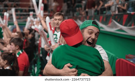 Crazy football fans. Baseball game arena. Volleyball happy team. Soccer goal stadium. Crowd watch basketball cup. Couple date tennis stands. Rugby goal. Man win cricket score. Guy fan joy hockey sport - Shutterstock ID 2264737723
