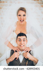 Crazy And Funny Bride And Groom. Happy Wedding Day