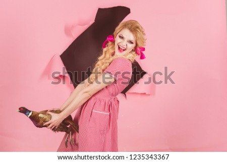 Similar – Image, Stock Photo cute girl near pink wall holding toy