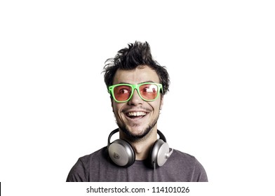 Crazy Guy With Headphones On White Background