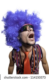 crazy guy with sunglasses and blue wig on white background