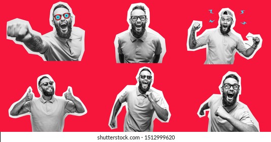 Crazy hipster guy emotions. Collage in magazine style with happy emotions. Discount, sale, season sales. Party people
