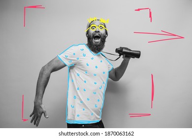 Crazy hipster guy emotions. Collage in magazine style with happy emotions. Discount, sale, season sales. Colorful summer concept. Young man with binoculars