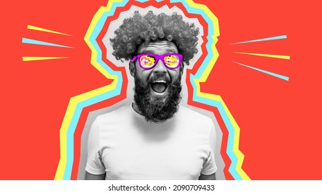 Crazy Hipster Guy Emotions. Collage In Magazine Style. Discount, Sale, Season Sales. Colorful Summer Concept. A Happy Charismatic Guy. Party Mood. Surreal Art Collage.